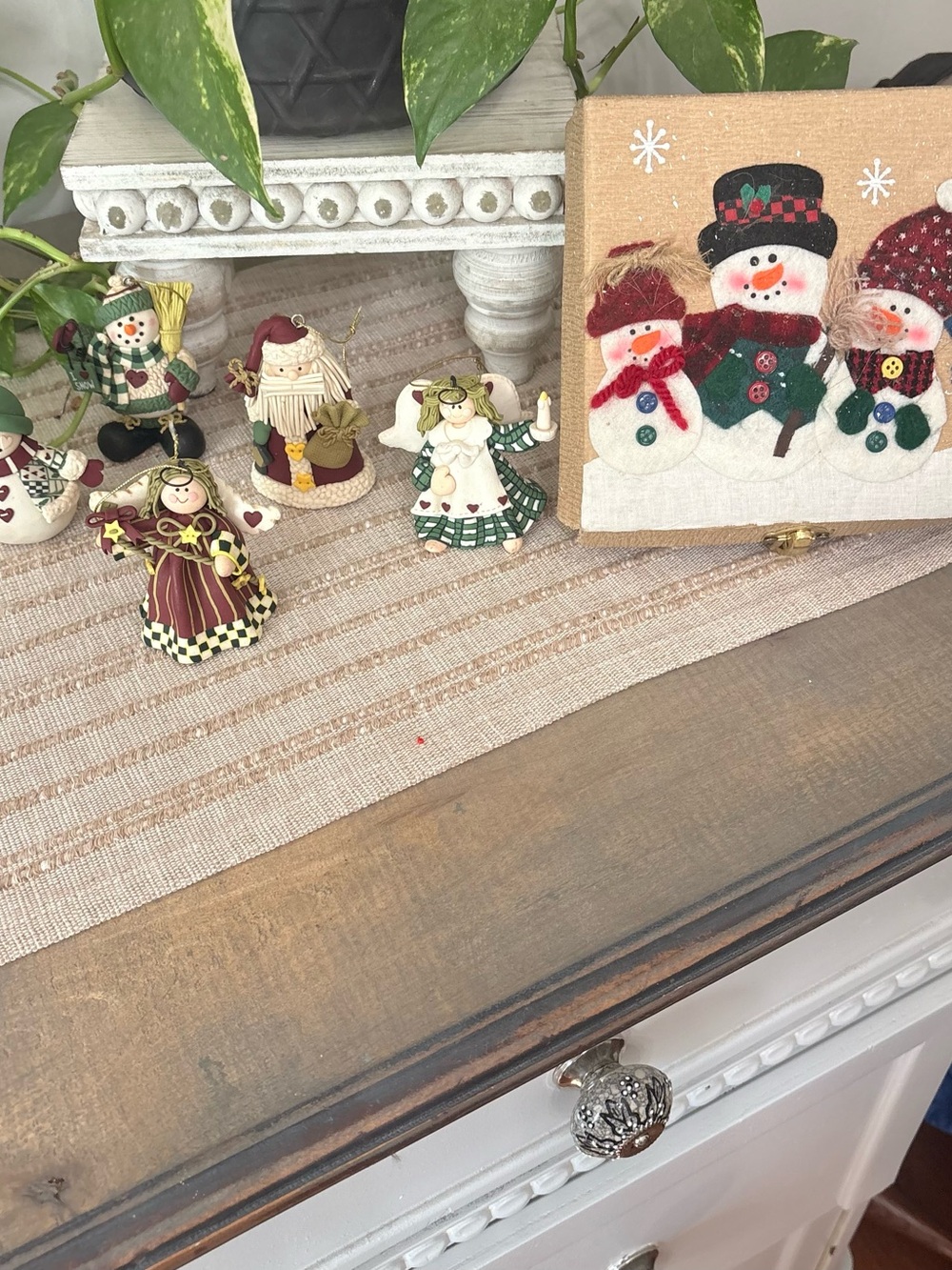 Folk Art Handcrafted Christmas Ornament Set 5 Pc Snowmen Santa Angel Gift Box
